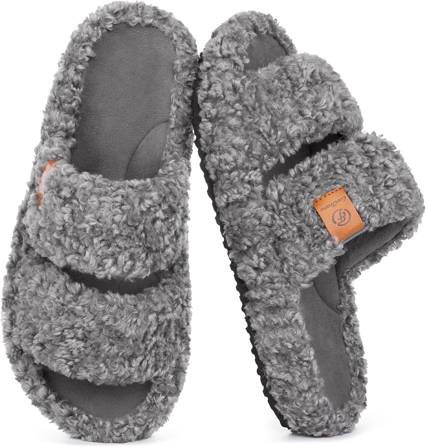 Fuzzy Open-Toe Slippers for Women - Soft Comfy Memory Foam Indoor House Shoes
