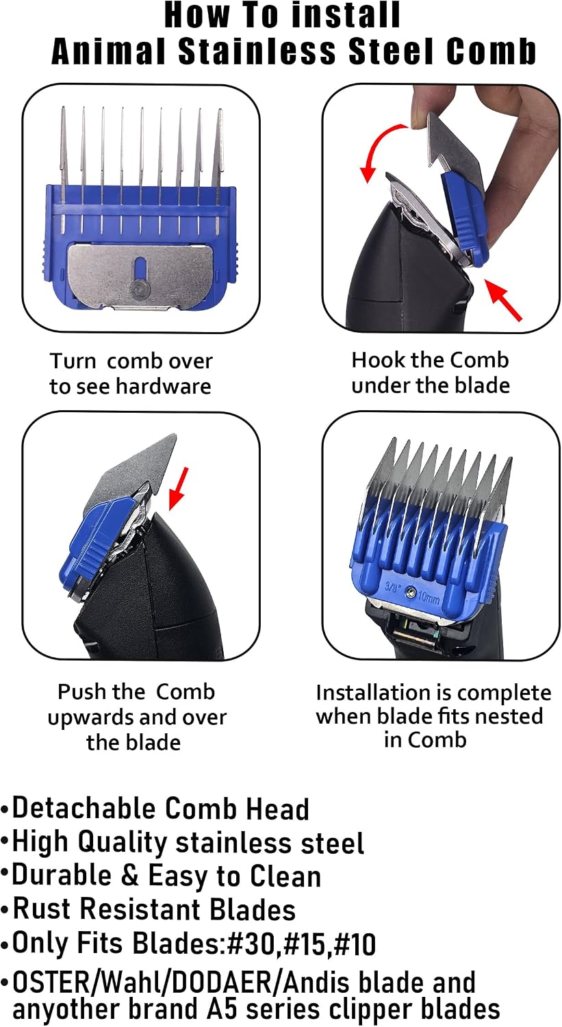 Animal Stainless Steel Guide Comb Set - 8 Colors, 1/8" to 1" (3-25mm) | Compatible with Andis, Oster, Wahl Clipper Blades