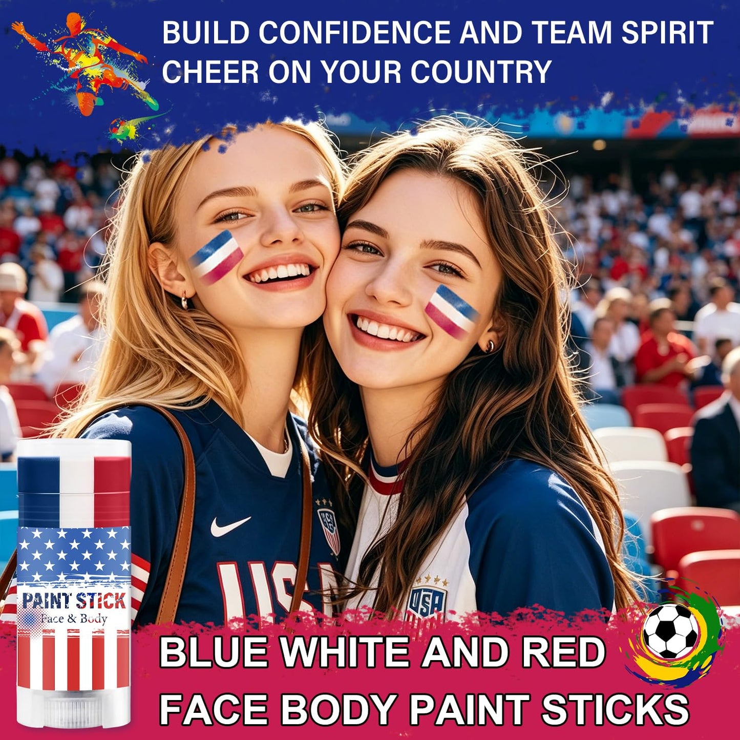 USA Face Paint Stick - Red, White & Blue Sweatproof Makeup for World Cup Fans | Patriotic 4th of July Accessories