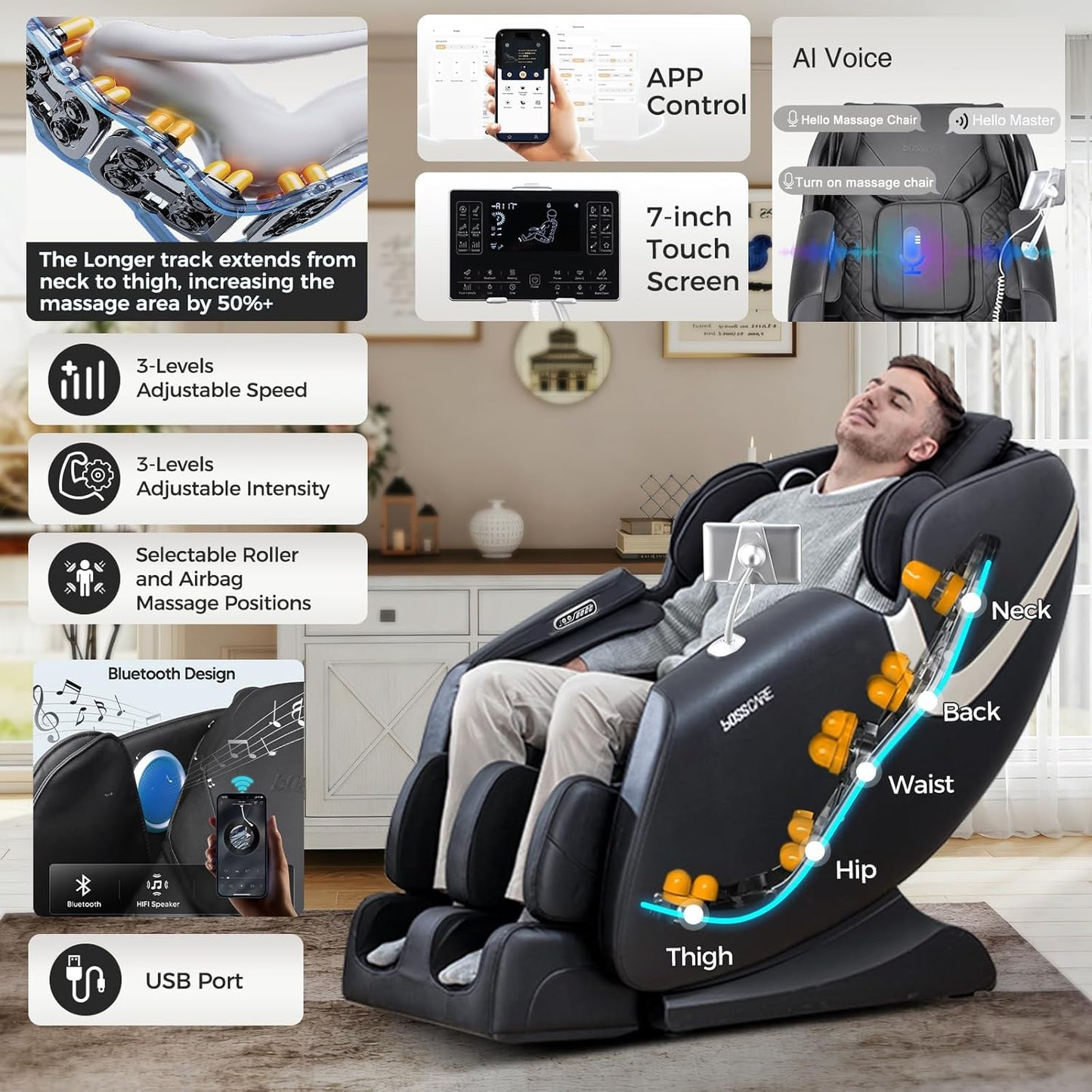 Full Body Shiatsu Massage Chair - AI Control, Zero Gravity, Heated | Bluetooth Speaker, Foot Roller, Relaxing Recliner