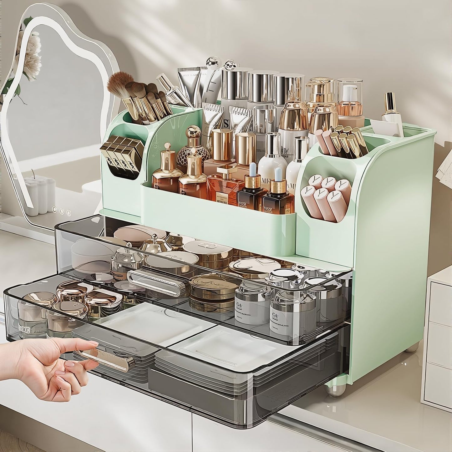 TIRUSS Makeup Organizer with Drawers for Vanity,Bathroom Countertop Organizer with Brushes Holder,Skincare Storage Organizer for Lipsticks,Nail Polishes, Perfumes,Eyeshadow Palettes (Green)