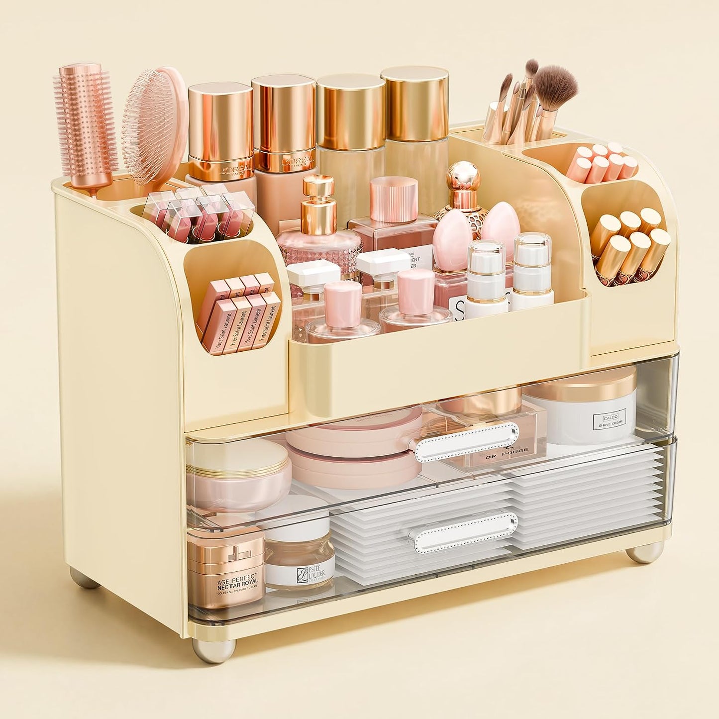 Makeup Organizer - Large Vanity Storage with Drawers | Skincare, Brush Holder & Perfume Display (White)