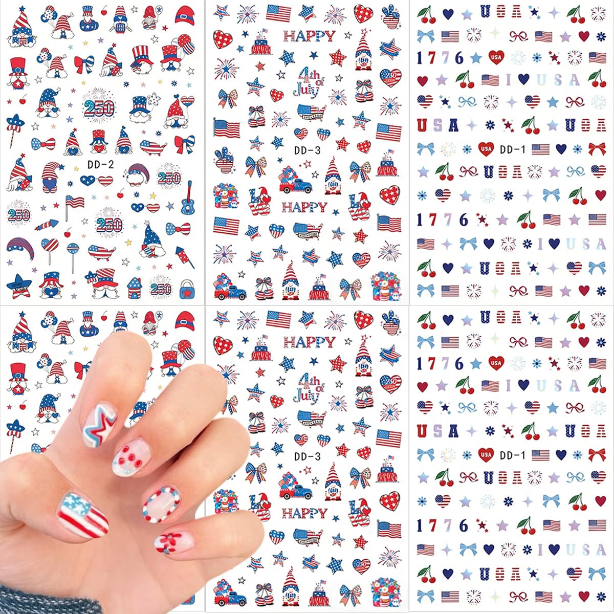 6 Sheets 4th of July Nail Stickers 250th Anniversary Patriotic Nail Decals Self-Adhesive American Flag Firework Gnome Nail Design Independence Day Stickers for Women DIY Manicure Decor