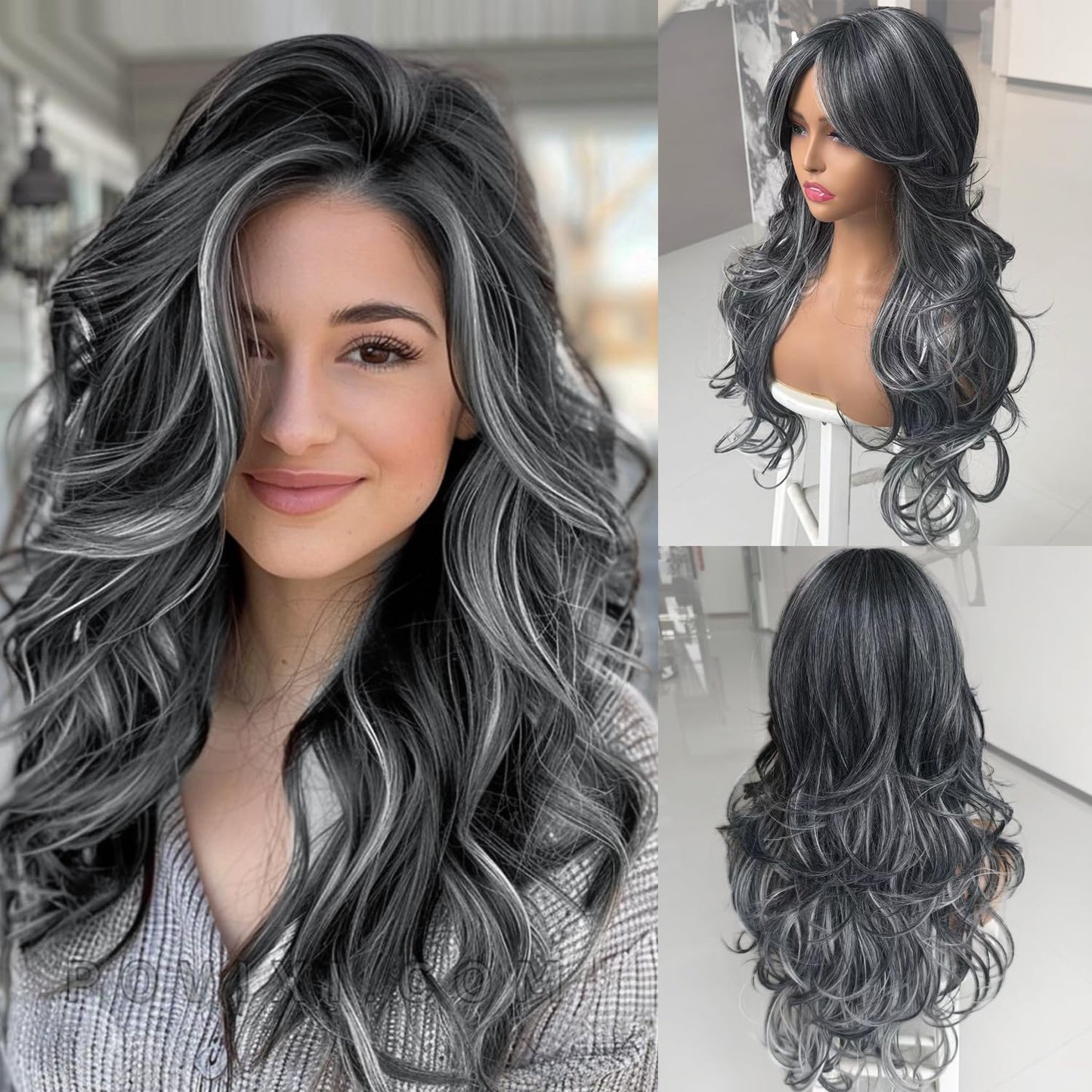 Long Black Wavy Wig for Women - Layered Synthetic Hair with Curtain Bangs | 24-Inch Natural Look