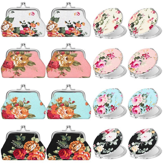 16 Pcs Vintage Floral Gifts for Women with 8 Vintage Coin Purse 8 Flower Compact Mirror Canvas Buckle Wallet Tea Party Favors for Women Teacher Indian Return Gift from Pooja