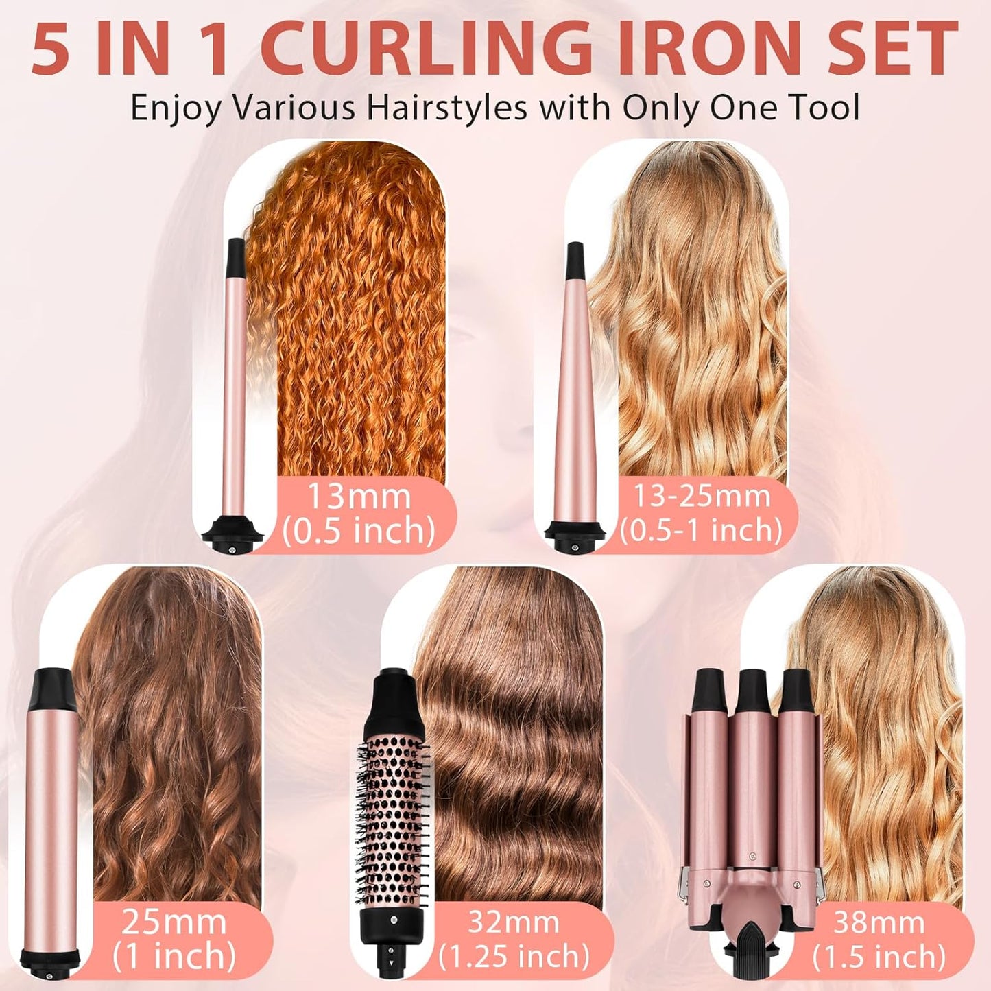 5-in-1 Curling Wand Set - Ceramic Interchangeable Curling Iron with Thermal Brush | Fast Heating, Dual Voltage, Includes Comb & Clips