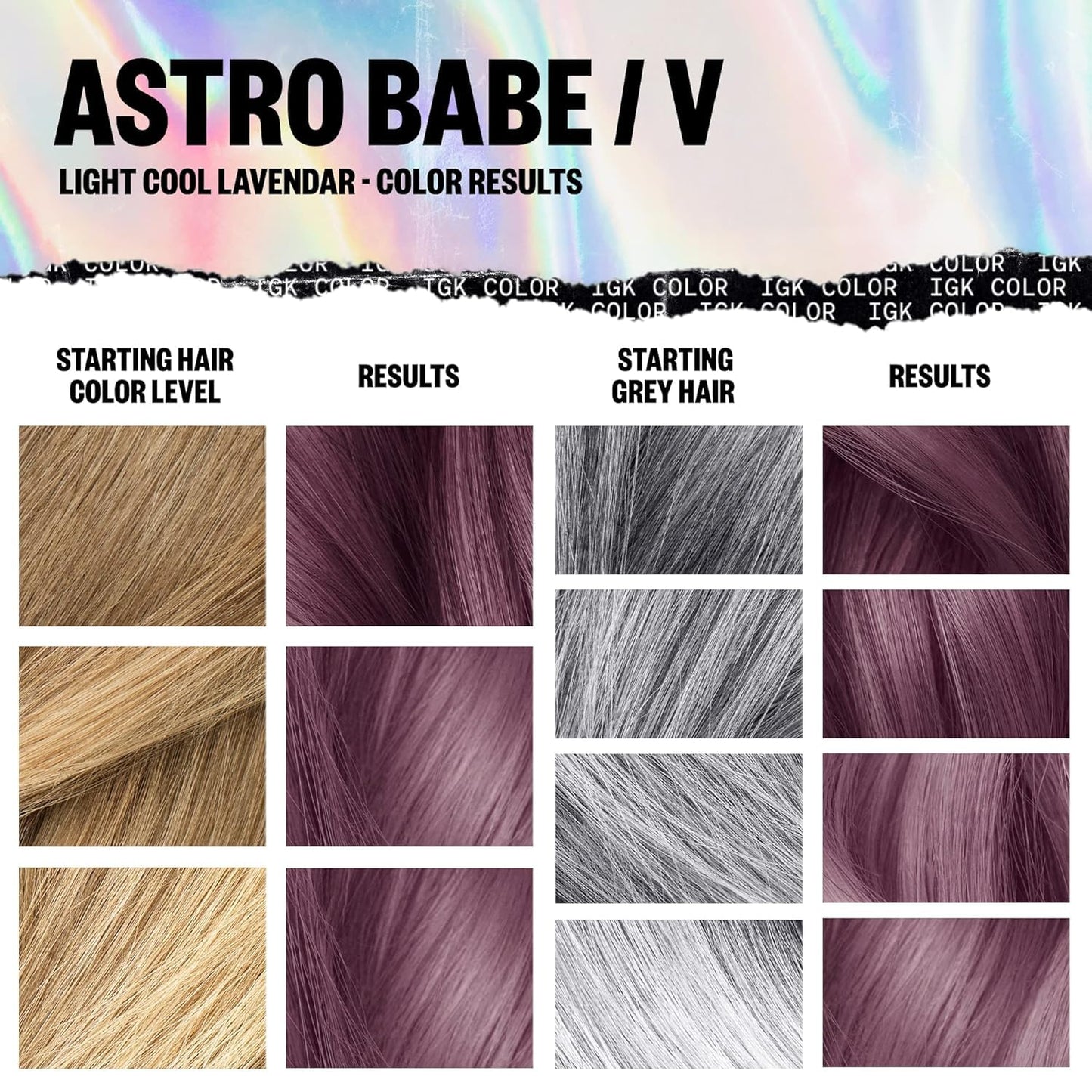 IGK Permanent Hair Dye Color Kit - V Astro Babe Light Cool Lavender | 100% Gray Coverage, Strengthens & Adds Shine