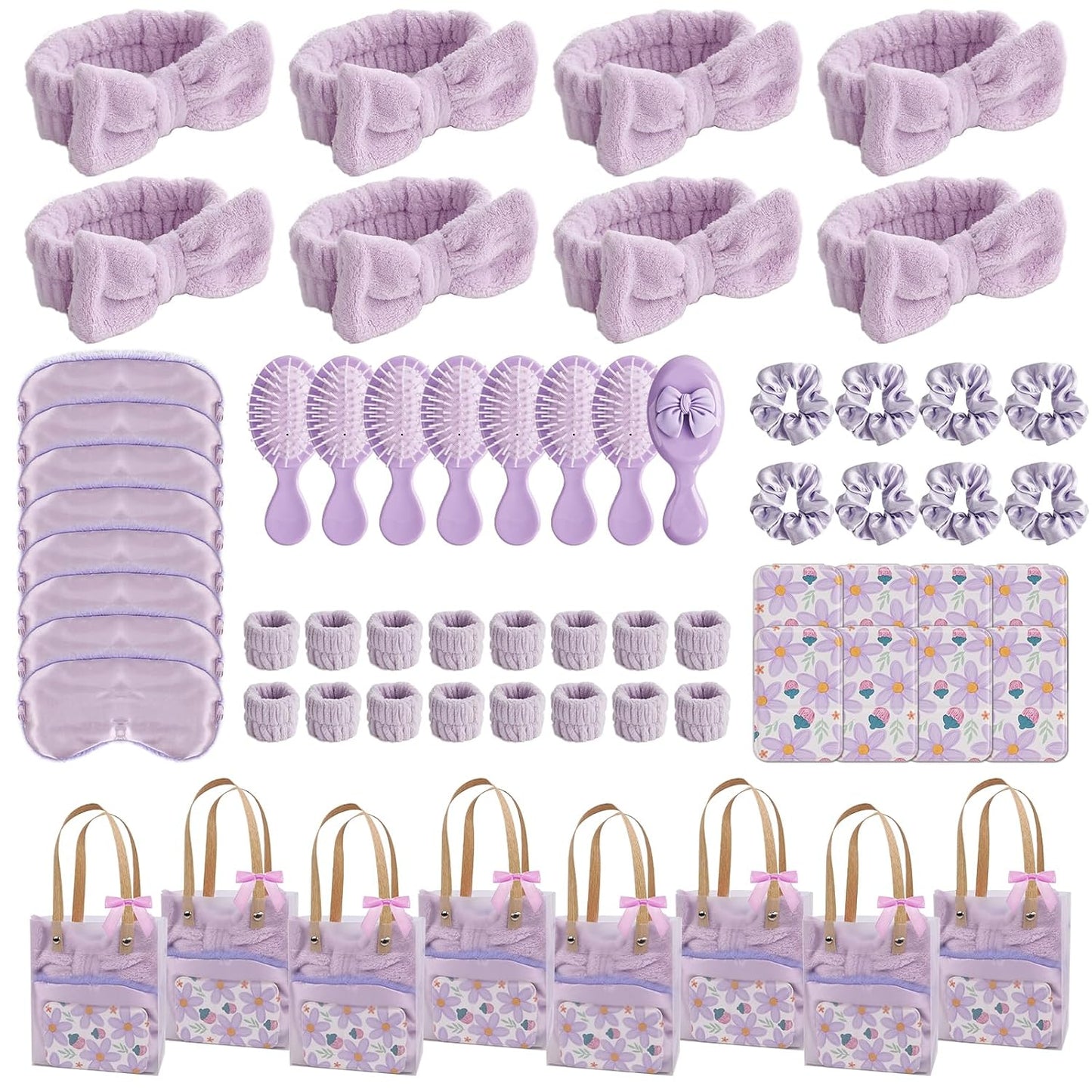 Spa Party Favors Set - 65 Pcs Bridesmaid Proposal Gifts | Skincare Headband, Eye Mask, Hair Comb & More - Purple