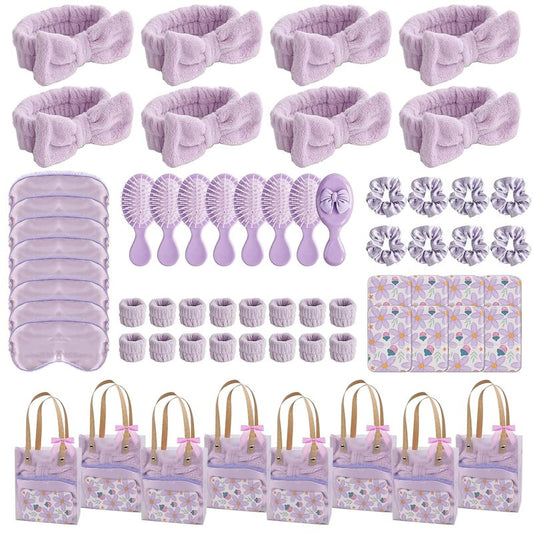 Spa Party Favors Set - 65 Pcs Bridesmaid Proposal Gifts | Skincare Headband, Eye Mask, Hair Comb & More - Purple