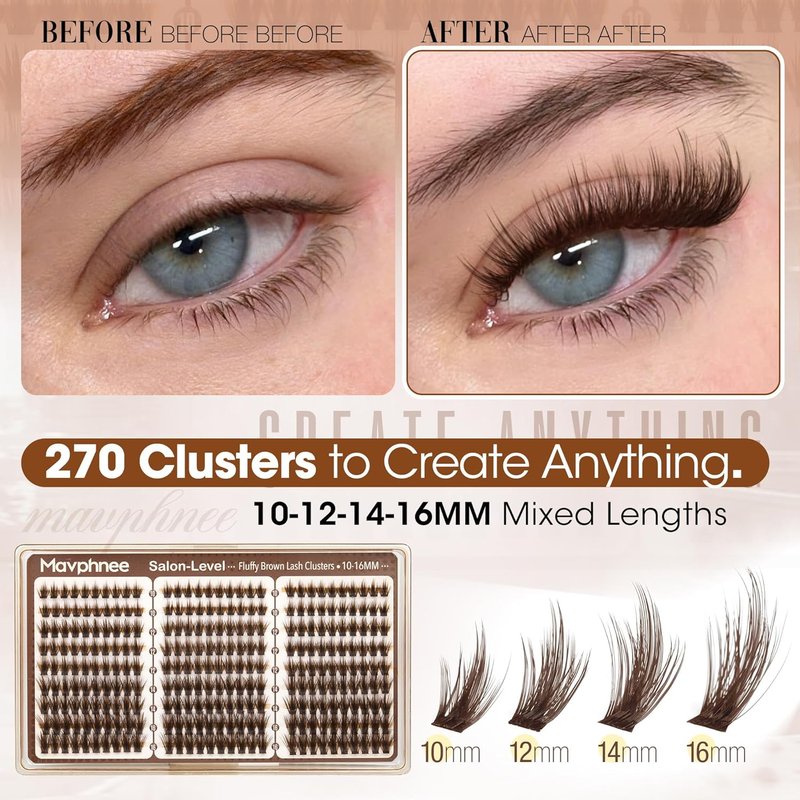 Brown Lash Clusters - Wispy Fluffy Individual Eyelash Extensions | Dark Brown Featherlight Lashes, CC Curl, 270PCS (10-12-14-16MM)