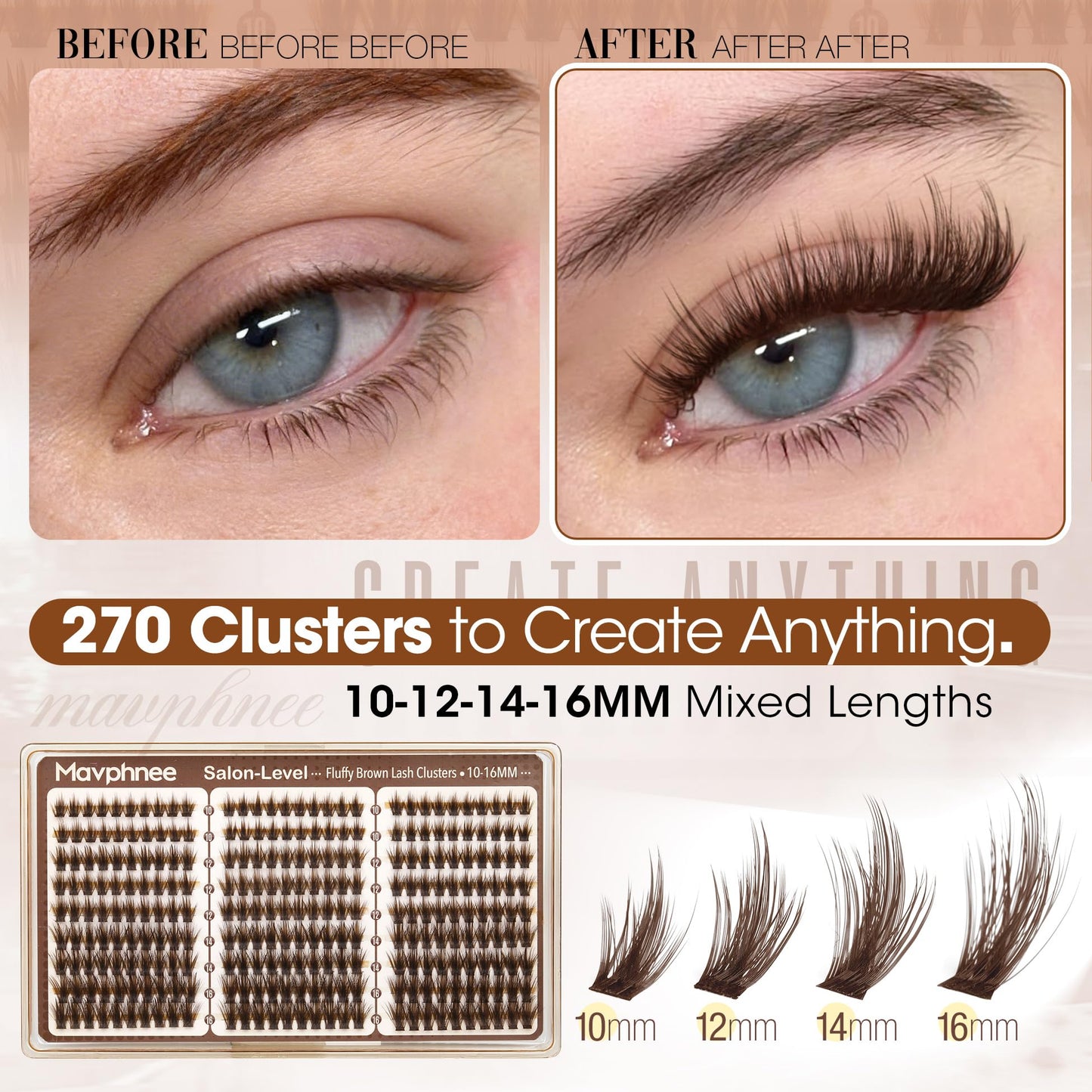 Mavphnee Brown Lash Clusters – Wispy Fluffy Individual Eyelash Extensions Dark Brown Featherlight Lashes with Seamless Flexible Band & CC Curl, 10-12-14-16MM 270PCS Value Pack