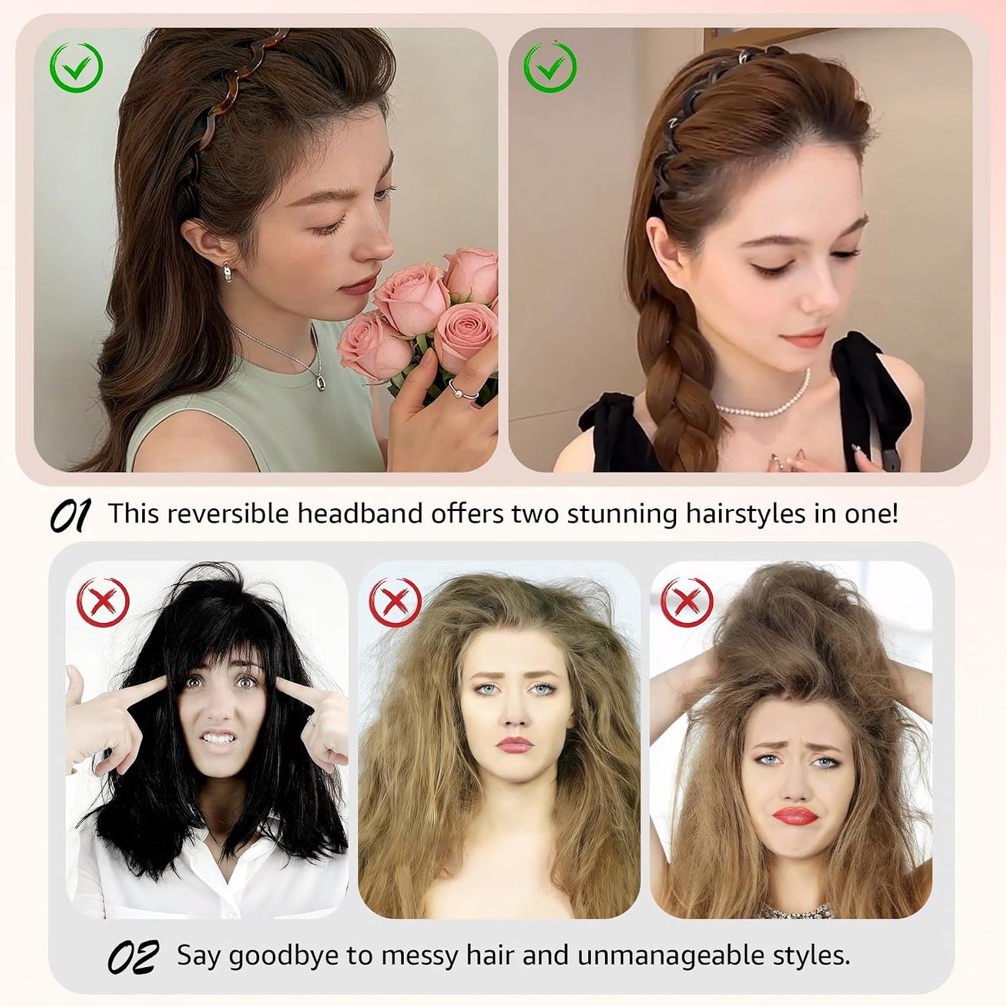 Zig Zag Headbands for Women - Non-Slip Wavy Plastic Hair Combs | Classic 90s Style, 2 Pack (Black & Brown)