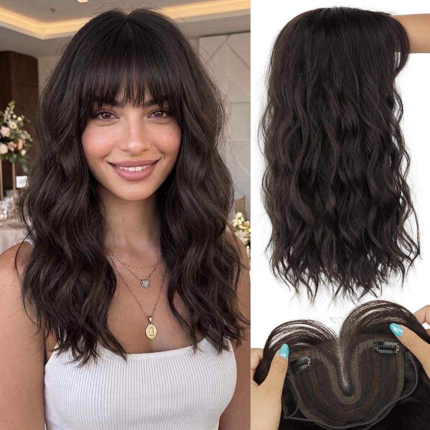 Hair Topper for Women - Clip-In Synthetic Hairpiece for Thinning Hair | 18-Inch Wavy Curly with Bangs