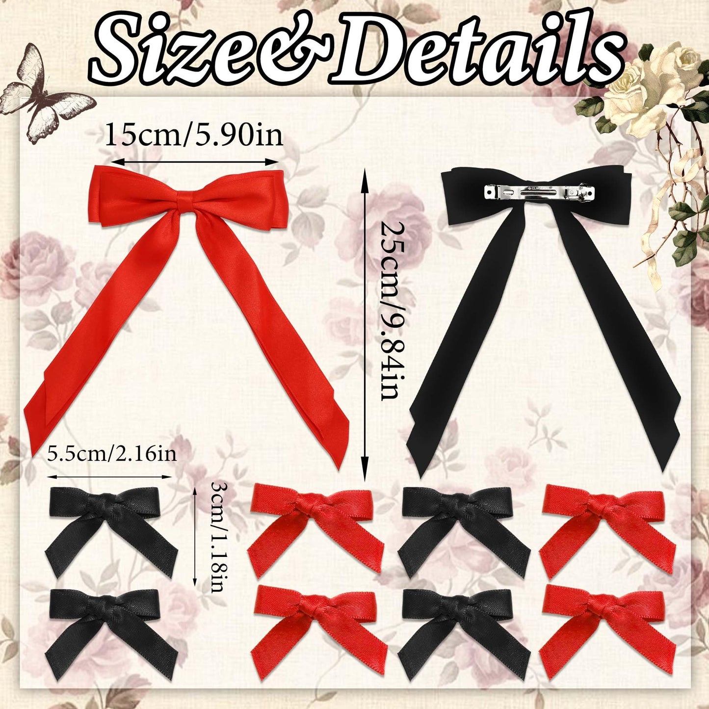 STGDAK Valentine's Day Hair Bows Ribbon Long Tails Double Layer Bow Clips Mini Bow Barrettes Small Bowknot Clip Ponytail Holder Black Red Hair Accessories For Girls Women Valentines Party Prom
