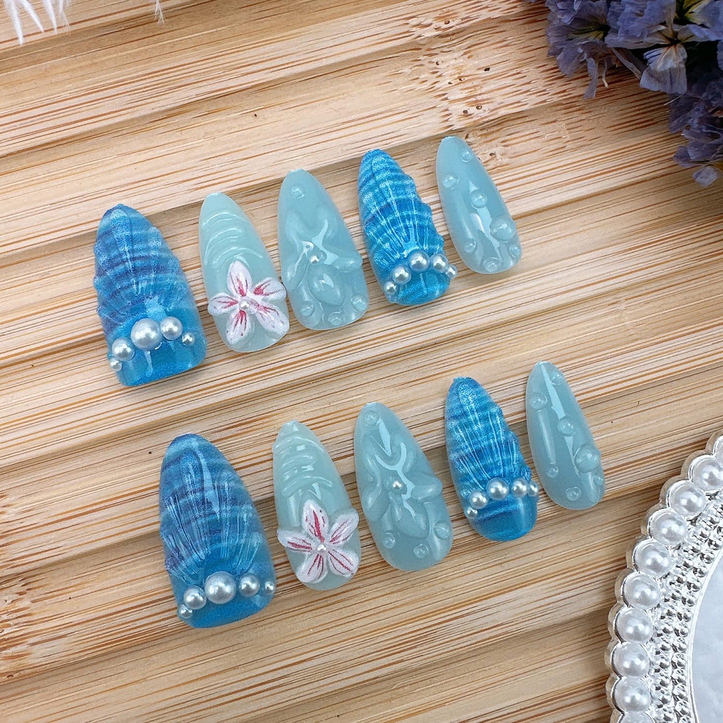 30pcs Summer Ocean Beach Press on Nails Medium Almond Fake Nails with 3D Flower Pearl Design Cute Floral False Nails Blue Ocean Artificial Nails Full Cover Stick on Nails for Women Nail Decorations