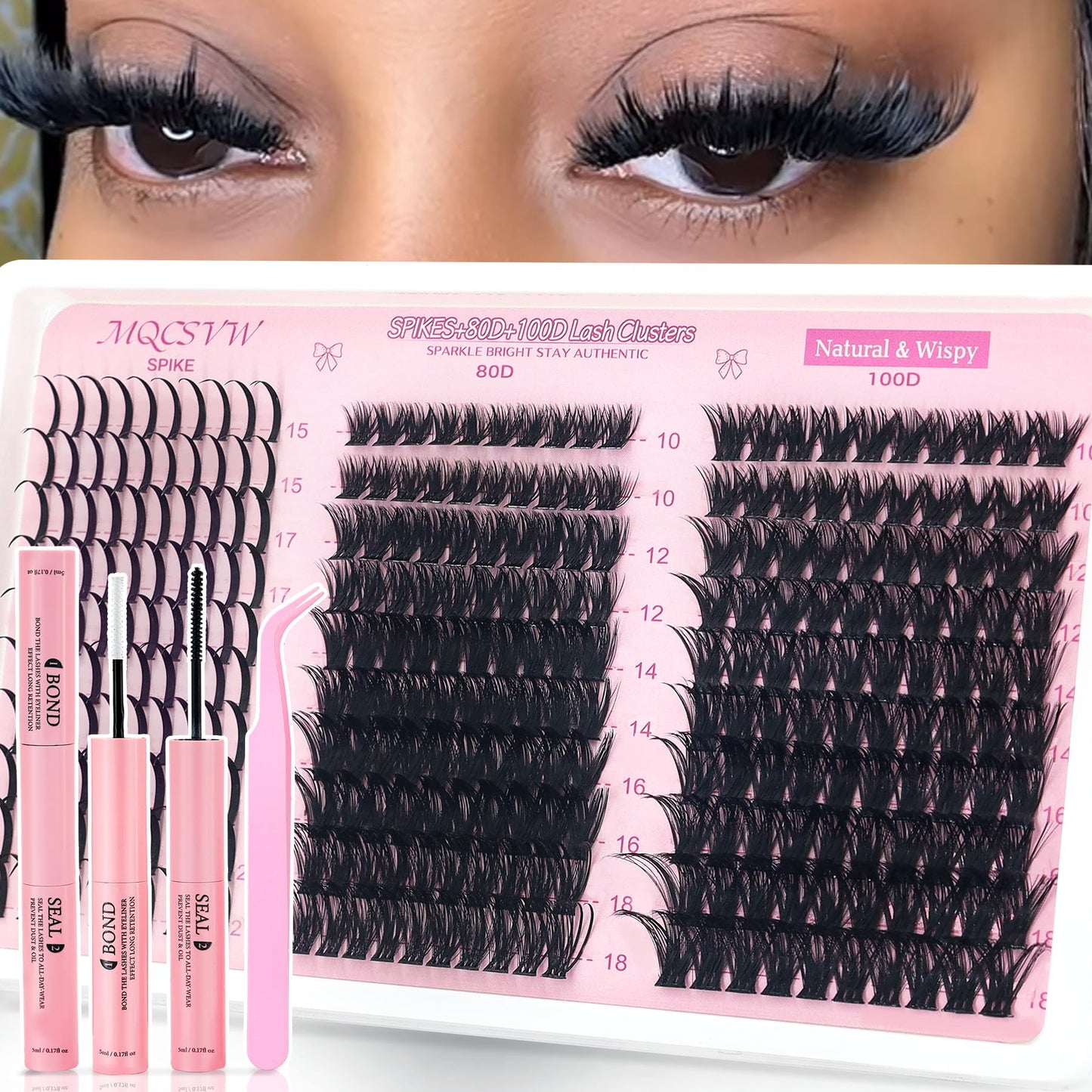 Lash Clusters Spikes 80D 100D Long 10-21mm Cluster Eyelash Extensions Kit, Wispy Thick Volume Lashes Clusters,300pcs Individual Lashes DIY Spiky Manga with Lash Strips, Bond Seal Tweezers