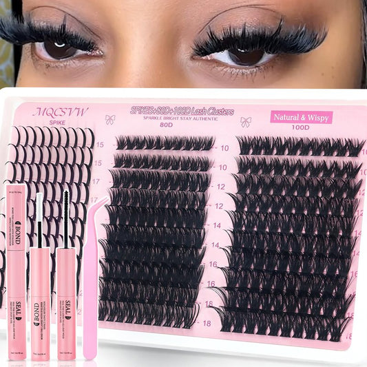 Lash Clusters Spikes 80D 100D Long 10-21mm Cluster Eyelash Extensions Kit, Wispy Thick Volume Lashes Clusters,300pcs Individual Lashes DIY Spiky Manga with Lash Strips, Bond Seal Tweezers