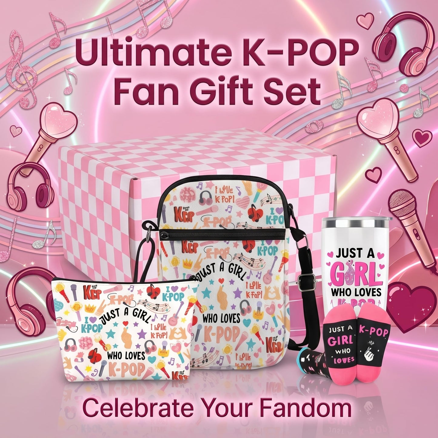 K-Pop Gift Set for Girls - 4-in-1 Bundle Includes 20oz Vacuum Insulated Tumbler, Crossbody Phone Bag, Makeup Pouch, and Aesthetic Cotton Socks - Trendy Korean Idol Style Merchandise Fans Gifts Bundle