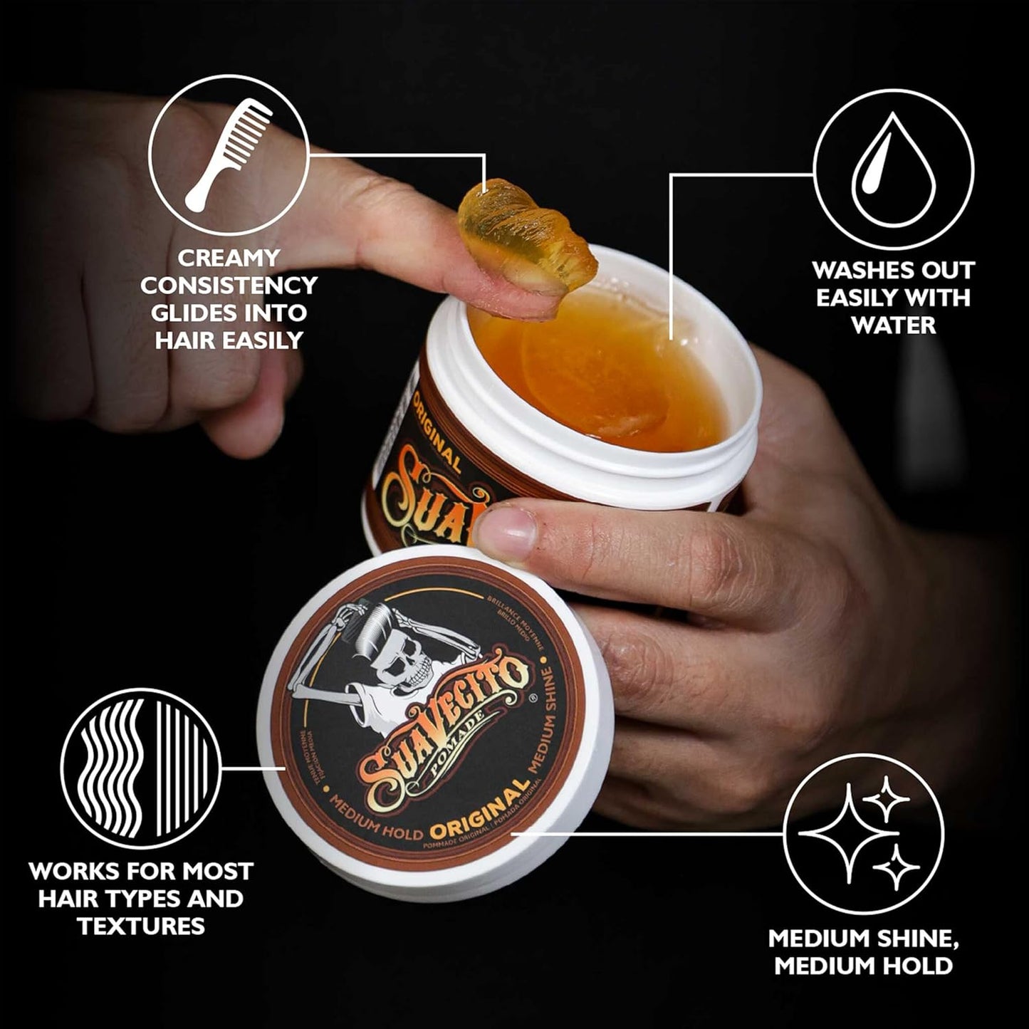 Suavecito Pomade Original Hold - Medium Shine Water-Based Hair Gel | 4 oz, Flake-Free, Easy to Wash Out