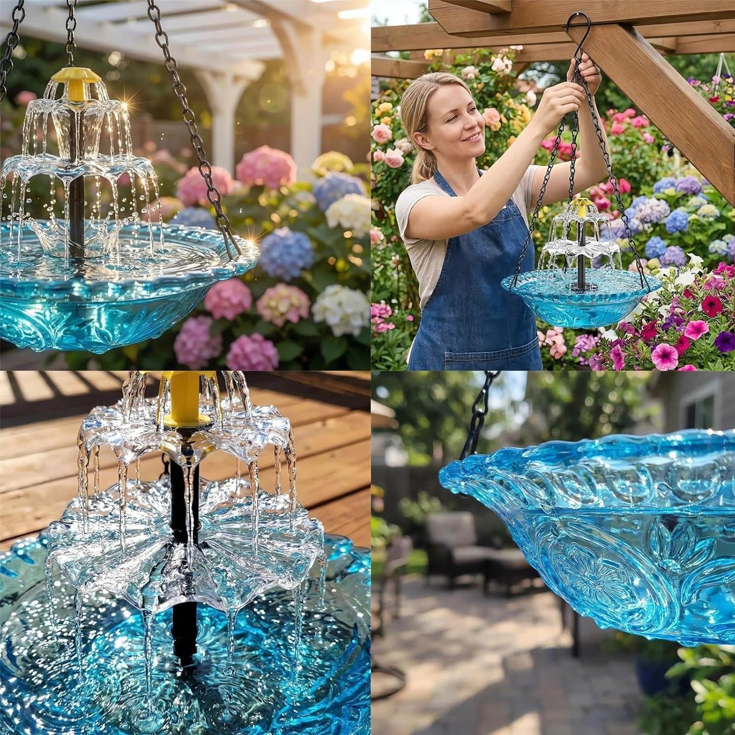 2026 Solar Cascade Hanging Bird Bath Fountain, Solar Powered Birdbath Water Fountain Pump Dispenser, Outdoor Decor Hummingbird Bath Shower Bowl Kit, Garden Gift for Yard Patio Decoration (Blue)