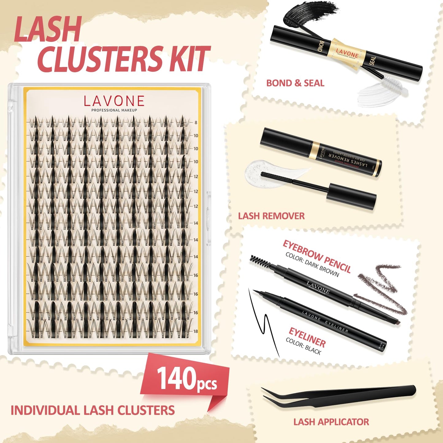 LAVONE Lash Clusters Kit, 140pcs D Curl DIY Individua Lashes, Waterproof Cluster Eyelash Extensions with Bond & Seal, Eyelashes Remover, Tweezers, Eyeliner and Eyebrow Pencil (WW007, 8-18mm)