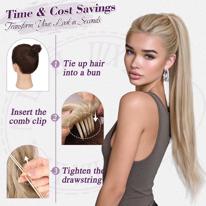 Blonde Straight Drawstring Ponytail Extension - 28 Inch Natural-Looking Soft Synthetic Hairpiece | Perfect for Daily Wear & Parties