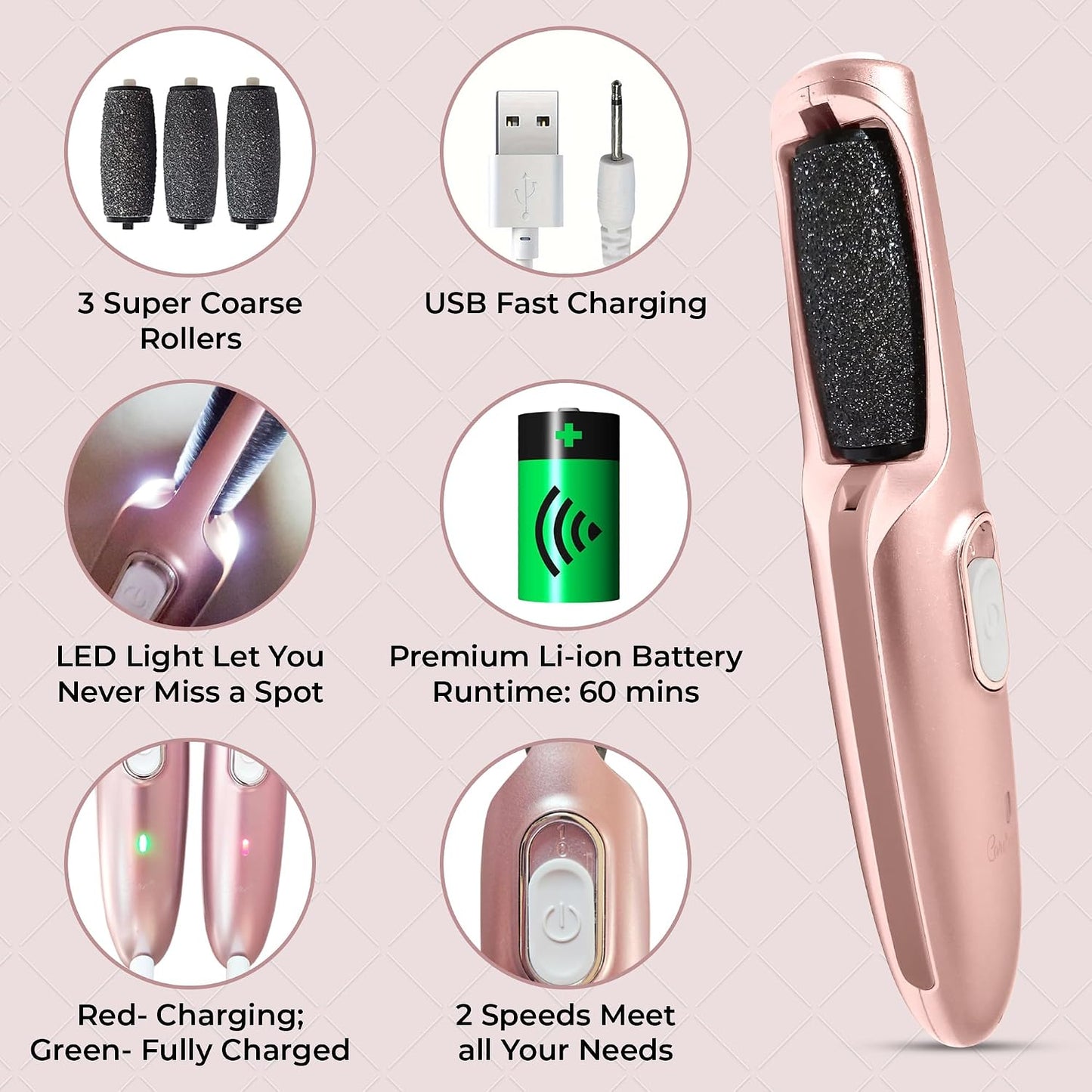 Electric Callus Remover Wand - Rechargeable Foot File & Scrubber for Soft, Smooth Feet | Rose Gold