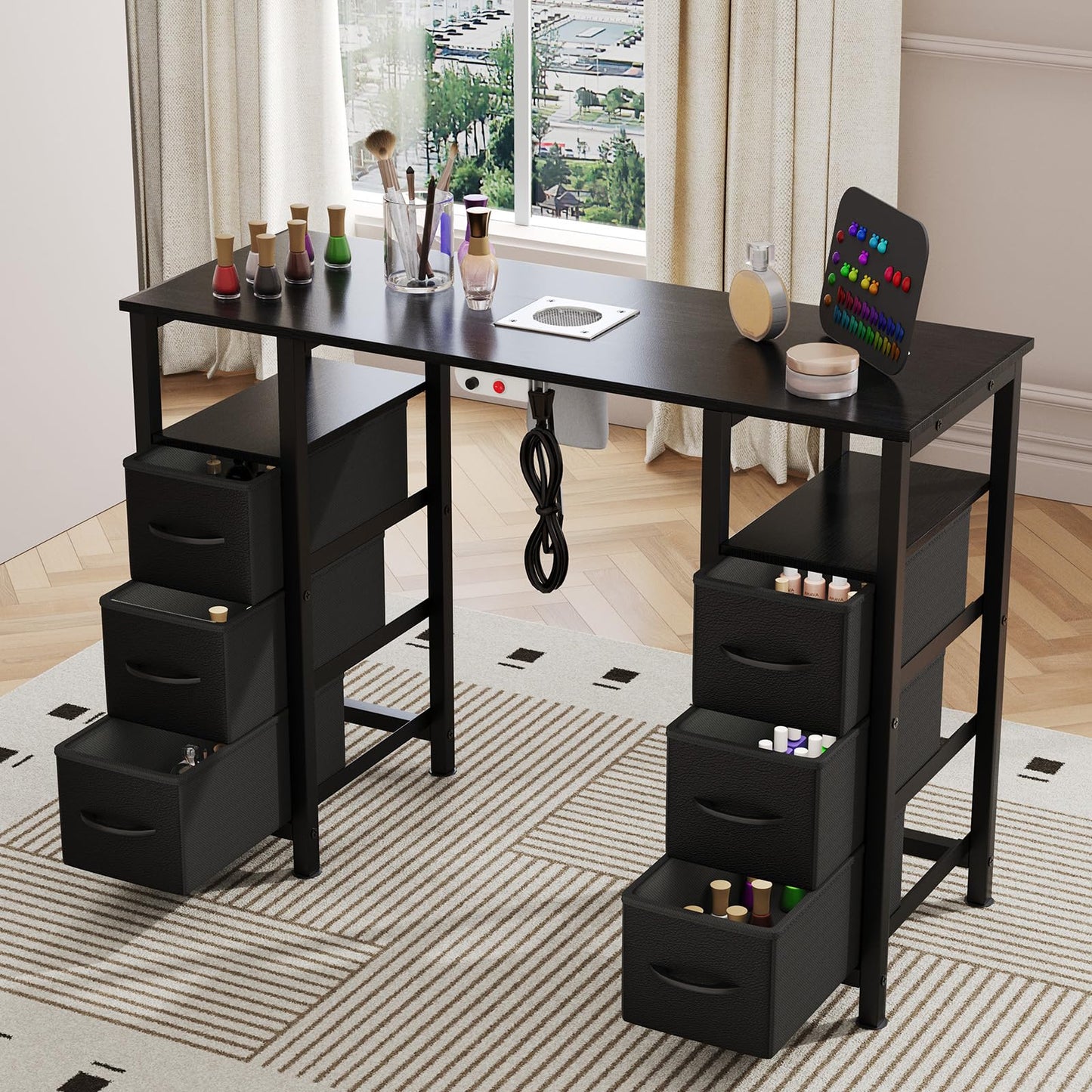 WODRAWER Manicure Table Nail Desk for Nail Tech, Nail Beauty Table w/Electric Dust Collector & 6 Storage Drawers & Open Shelves for Home, Workshop, Makeup Beauty Salon Workstation