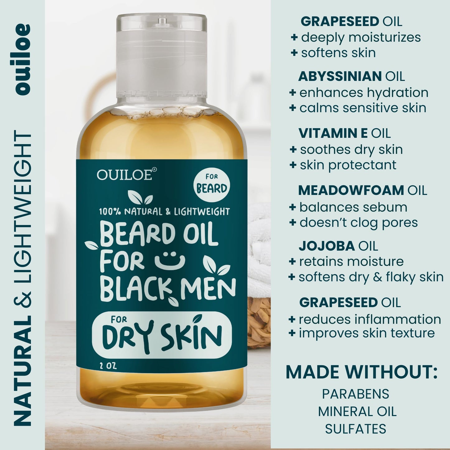 Ouiloe Beard Oil for Dry Skin - Non Comedogenic Beard Oil for Black Men - Safe for Acne Prone, Sensitive Skin - Unscented, Fragrance Free, Lightweight, Non Greasy, Soothing and Natural, 2oz