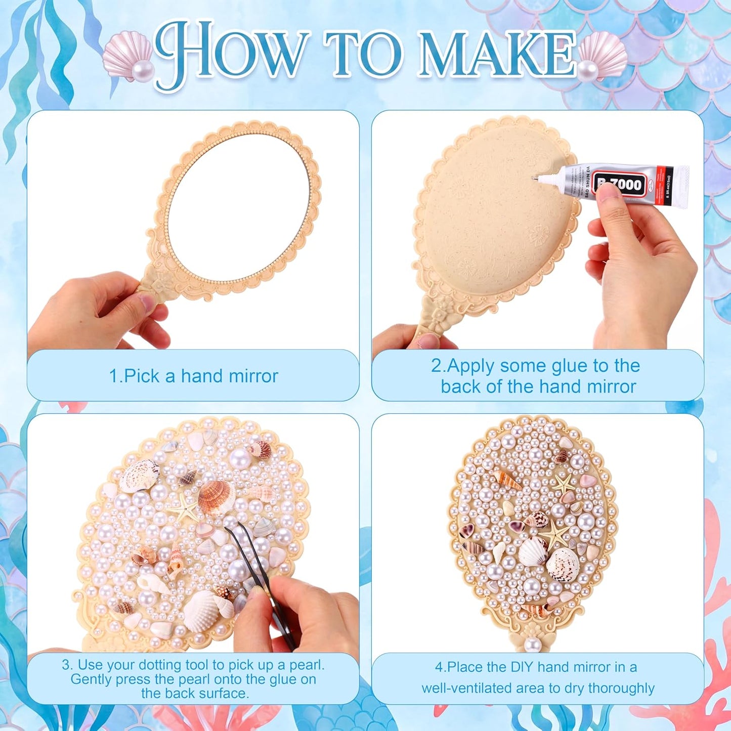 Mermaid Hand Mirror Crafts Kit - DIY Decor with Shells & Pearls | Perfect Party Favor for Weddings & Birthdays