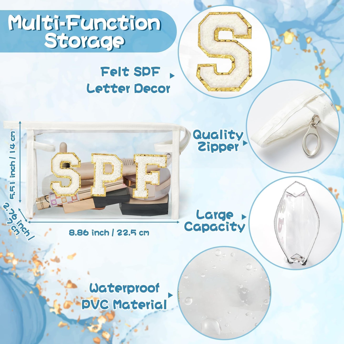 AsodSway Preppy Patch SPF Cosmetic Bag, Summer SPF Varsity Letter Clear Toiletry Makeup Bag Waterproof PVC Cosmetic Case Multi-Function Zippered Pouch Makeup Pouch for Beach Pool, Pencil Pouch (White)