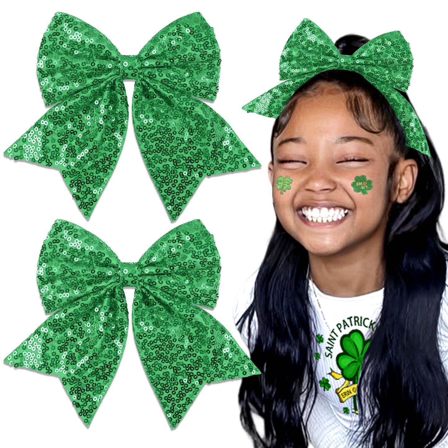 STGDAK Green Bow Clips 7 Inch Glitter Big Bows Sparkly Sequin Cheerleading Bow For Girls Bling St. Patrick's Day Hair Accessories For Women Softball Festivals St. Patrick's Day