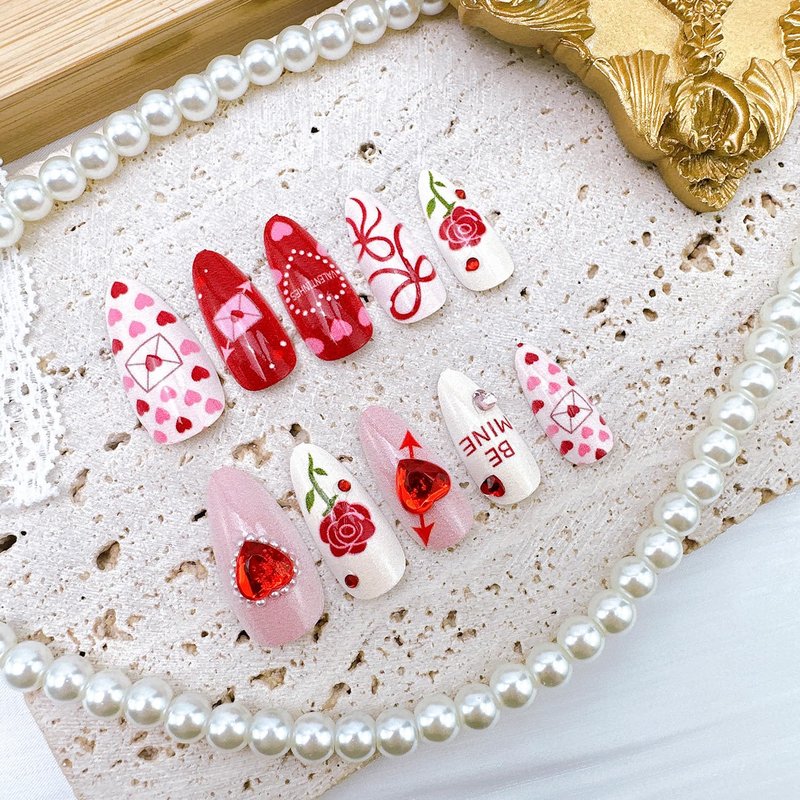 Valentine's Press-On Nails - 24 Pcs Medium Almond Acrylic with 3D Heart Pearl Rhinestones | Cute Rose Design