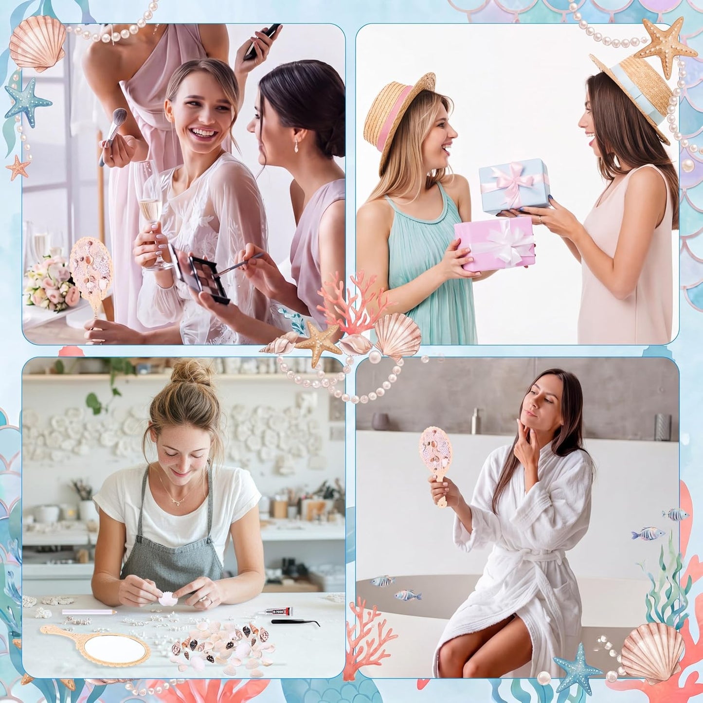 Mermaid Hand Mirror Crafts Kit - DIY Decor with Shells & Pearls | Perfect Party Favor for Weddings & Birthdays