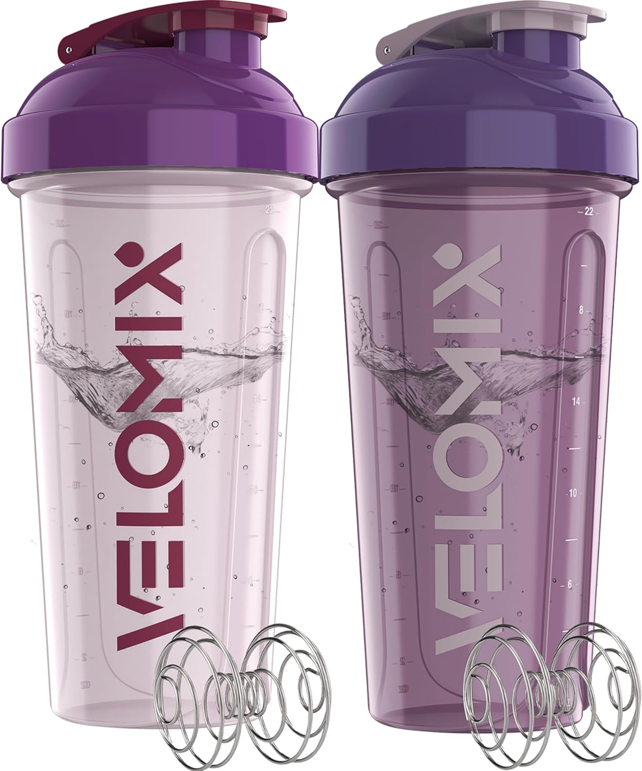 Protein Shaker Bottles - 28 oz Leak Proof Shaker Cups with 2 Wire Whisks | 2-Pack (Black/Transparent)