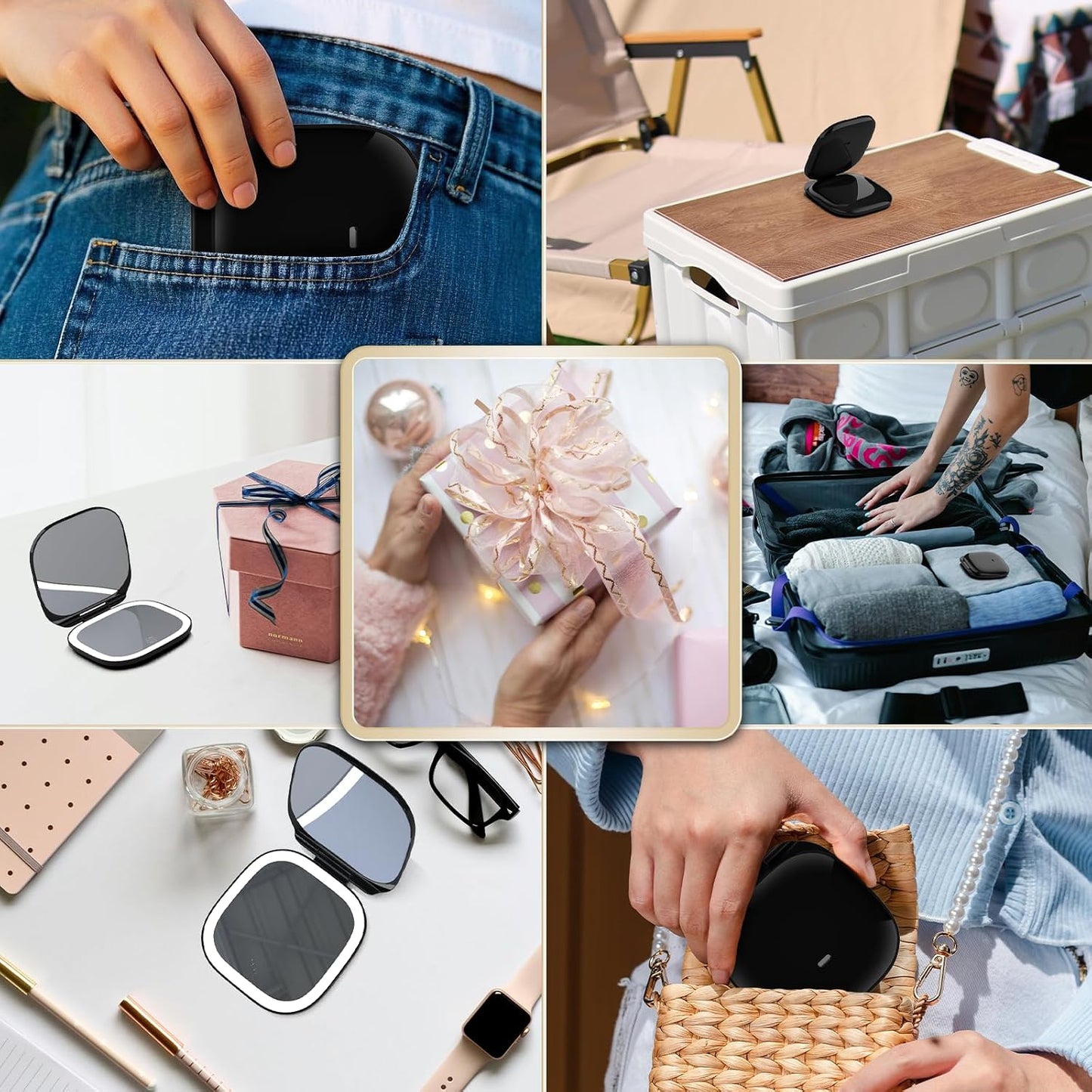 Lighted Travel Mirror - Adjustable Brightness, 1X/10X Magnification | Mini Dimmable Design for Handbag & Pocket (Black)