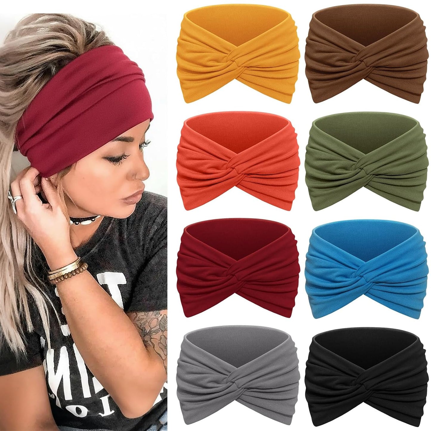 Wide Headbands for Women - 7.08 Inch Thick Boho Turban Hair Wraps | Non-Slip, Moisture-Wicking, 8 Pack Multi Colors