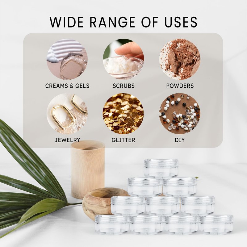 50 New Empty 5 Grams Acrylic Clear Round Jars - BPA Free Containers for Cosmetic, Lotion, Cream, Makeup, Bead, Eye shadow, Rhinestone, Samples, Pot, 5g/5ml (Clear Lid (50 Jars)