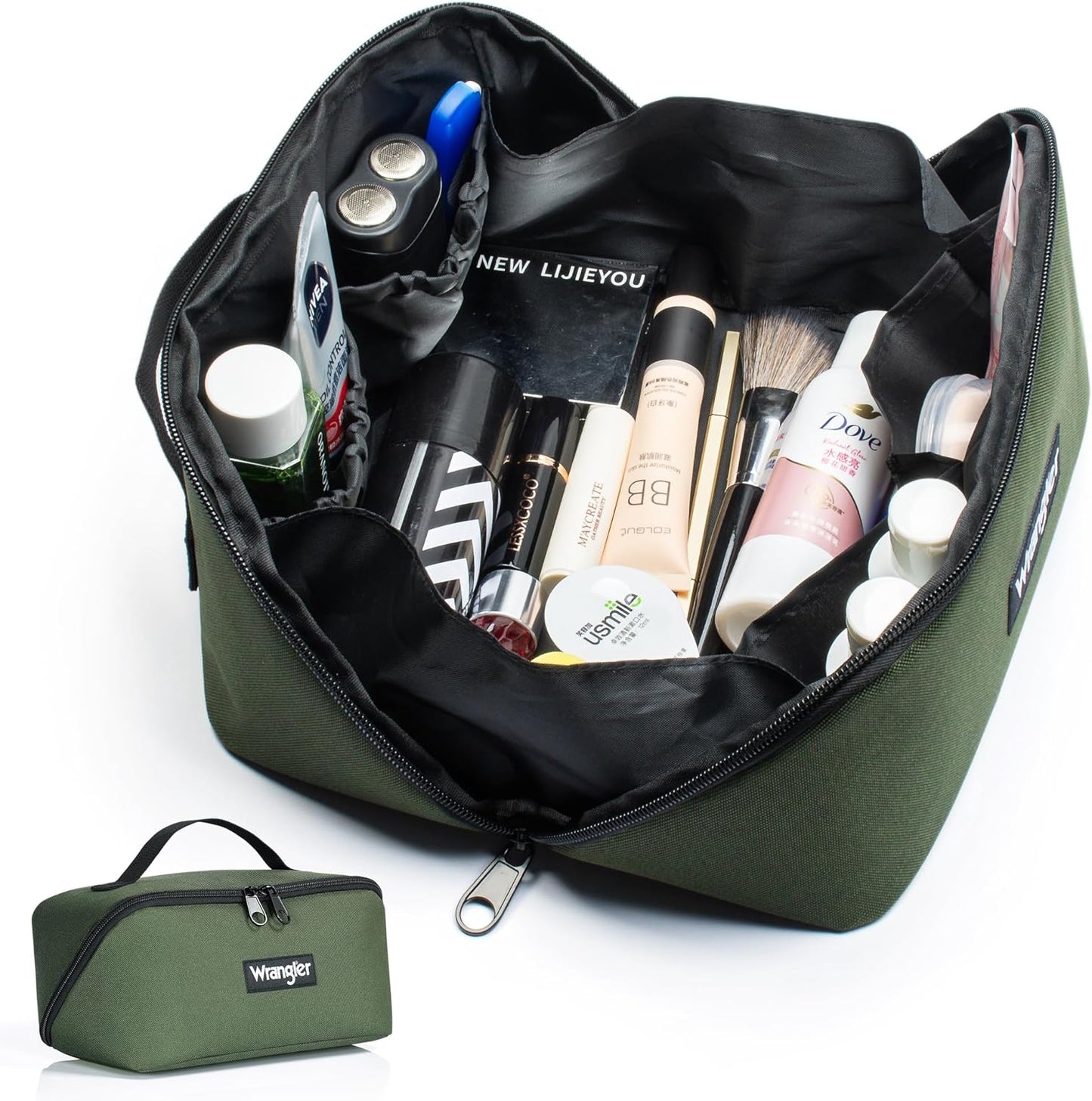 Wrangler Travel Toiletry Bag - Large Capacity Makeup Organizer | Water-Resistant Nylon, 4 Pockets, 180° Lay-Flat Design