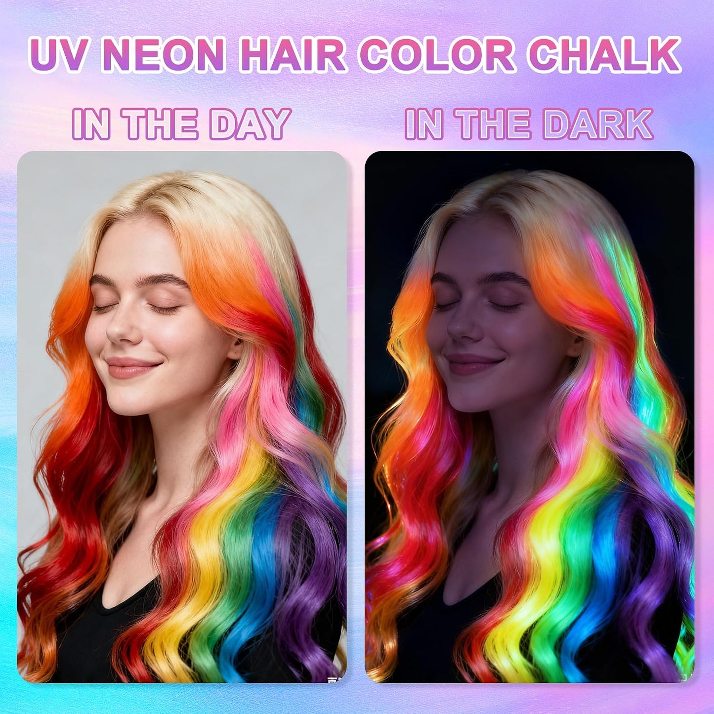 Temporary Hair Chalk - UV Glow Neon Hair Dye Makeup Kit | 8 Washable Colors for Parties & Cosplay