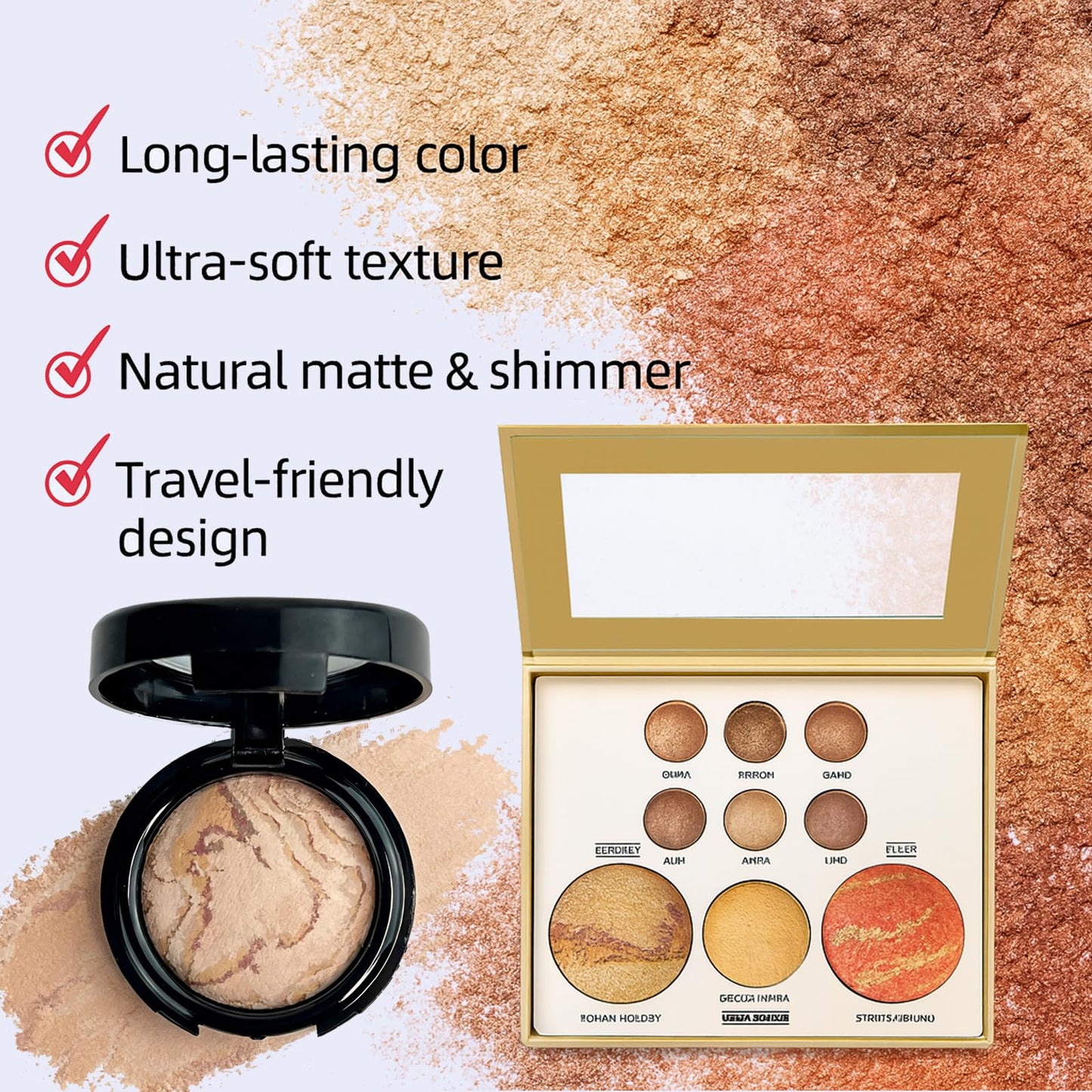 K'APEINE Baked Makeup Palette Set- 9Colors Brown Makeup Palette, Single Baked Powder Foundation & Retractable Blush Brush, Travel Makeup Set Waterproof,Long Lasting For Older Women-02