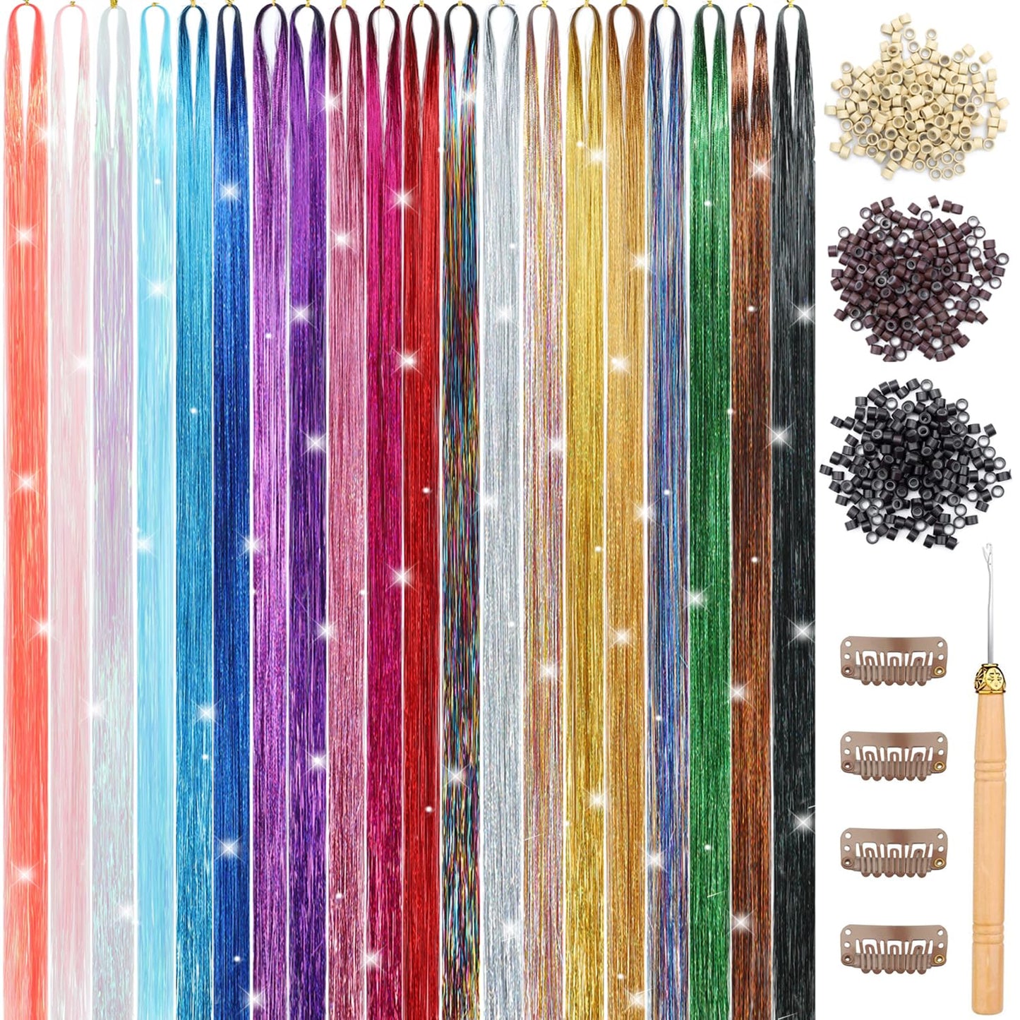Hair Tinsel - 20 Color Sparkling Hair Extensions | 48-Inch Heat-Resistant Glitter Strands for Party & Festival