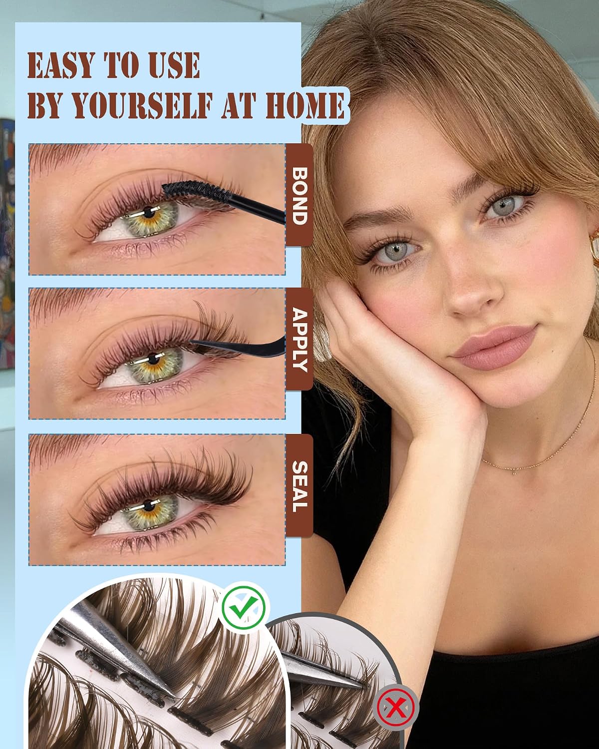 Brown Lash Clusters - Natural Look Eyelash Extensions | 300 Pcs Wispy D-Curl 10-16MM