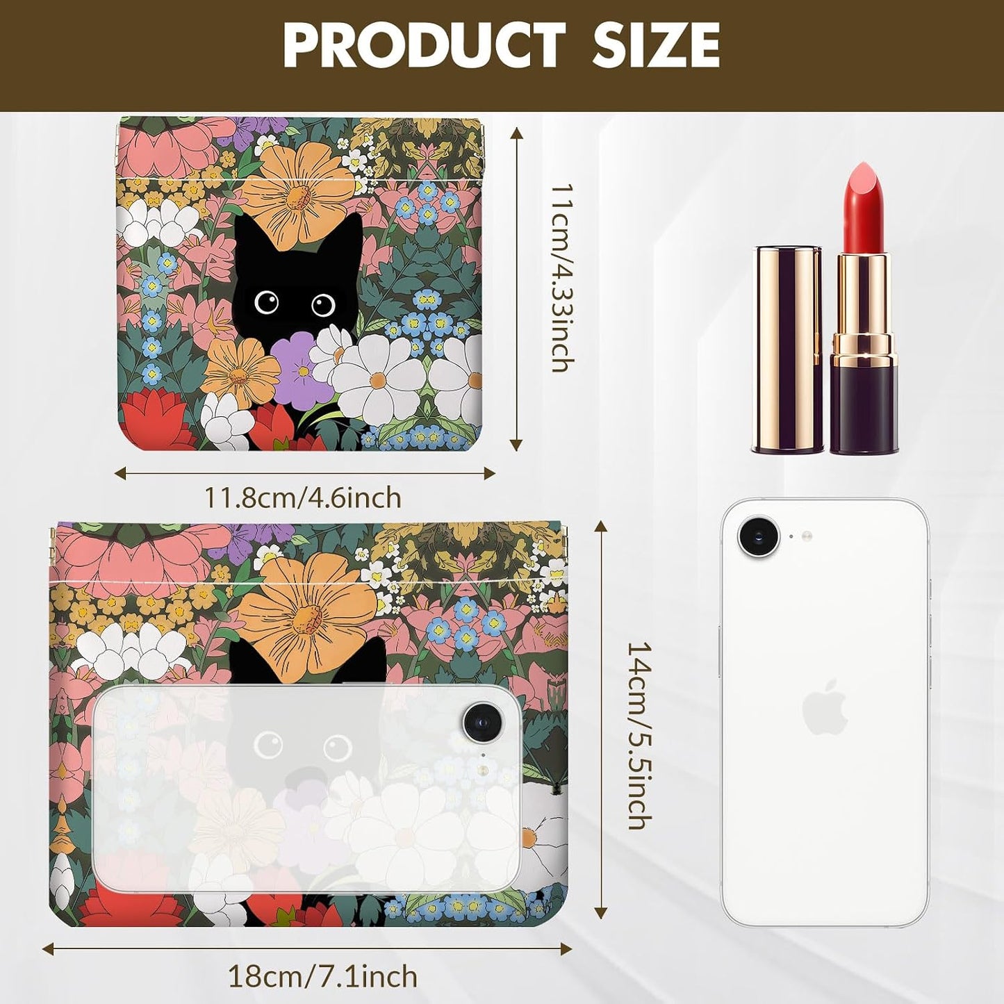 Small Makeup Bag Set - 2 PCS PU Leather Cosmetic Organizers | Portable Travel Pouch for Women - Floral & Cat Design