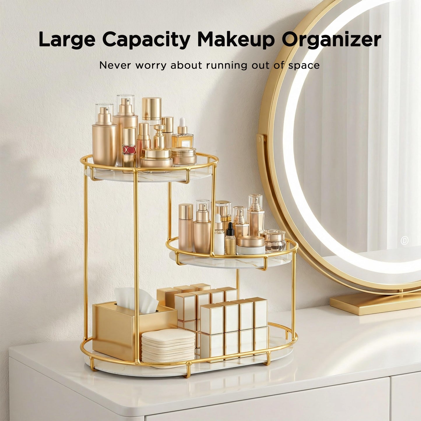 HBlife Makeup Organizer for Vanity, 3 Tier Metal Bathroom Countertop Organizers Skin Care Storage, Bathroom Counter Shelf Skincare Holder Perfume Cosmetic Display, Gold