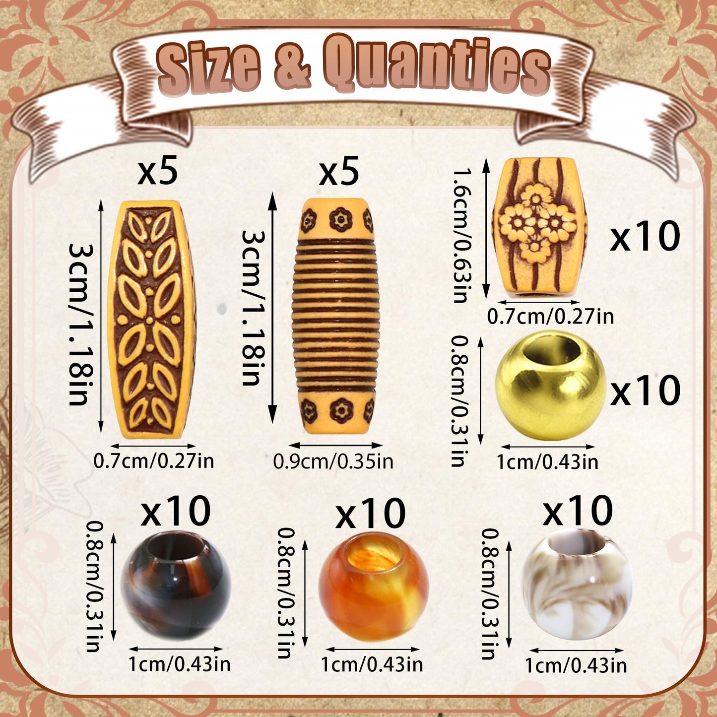 NAISKA 60PCS Wood Hair Beads for Braids Brown Long Tube Beads 7 Styles Hair Jewelry for Women Braids Acrylic Round Imitation Wood Dreadlock Bead African Braids Accessories for Women Girls