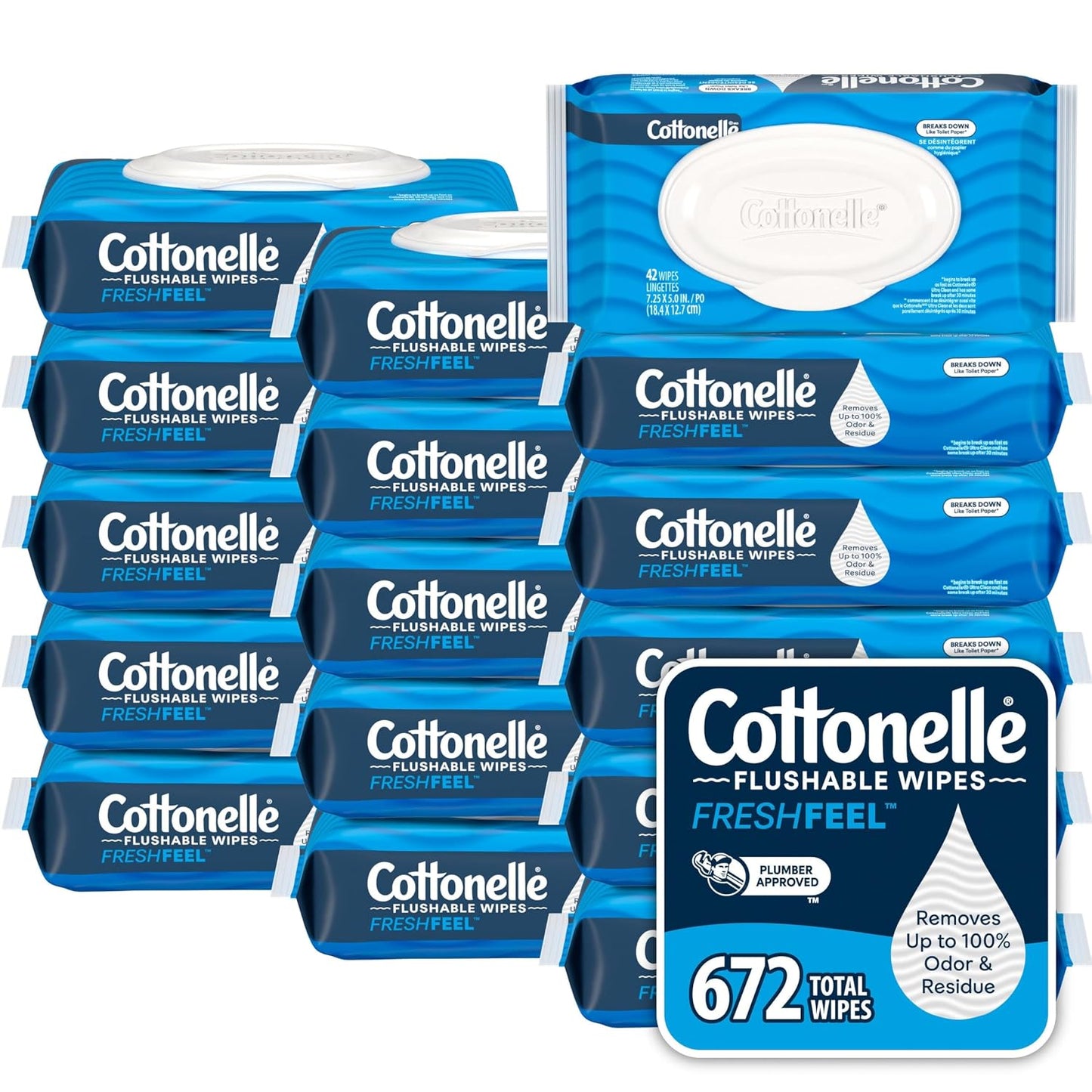 Cottonelle Flushable Wet Wipes - Fresh Feel Adult Wipes | 8 Flip-Top Packs, 42 Wipes Each (336 Total)