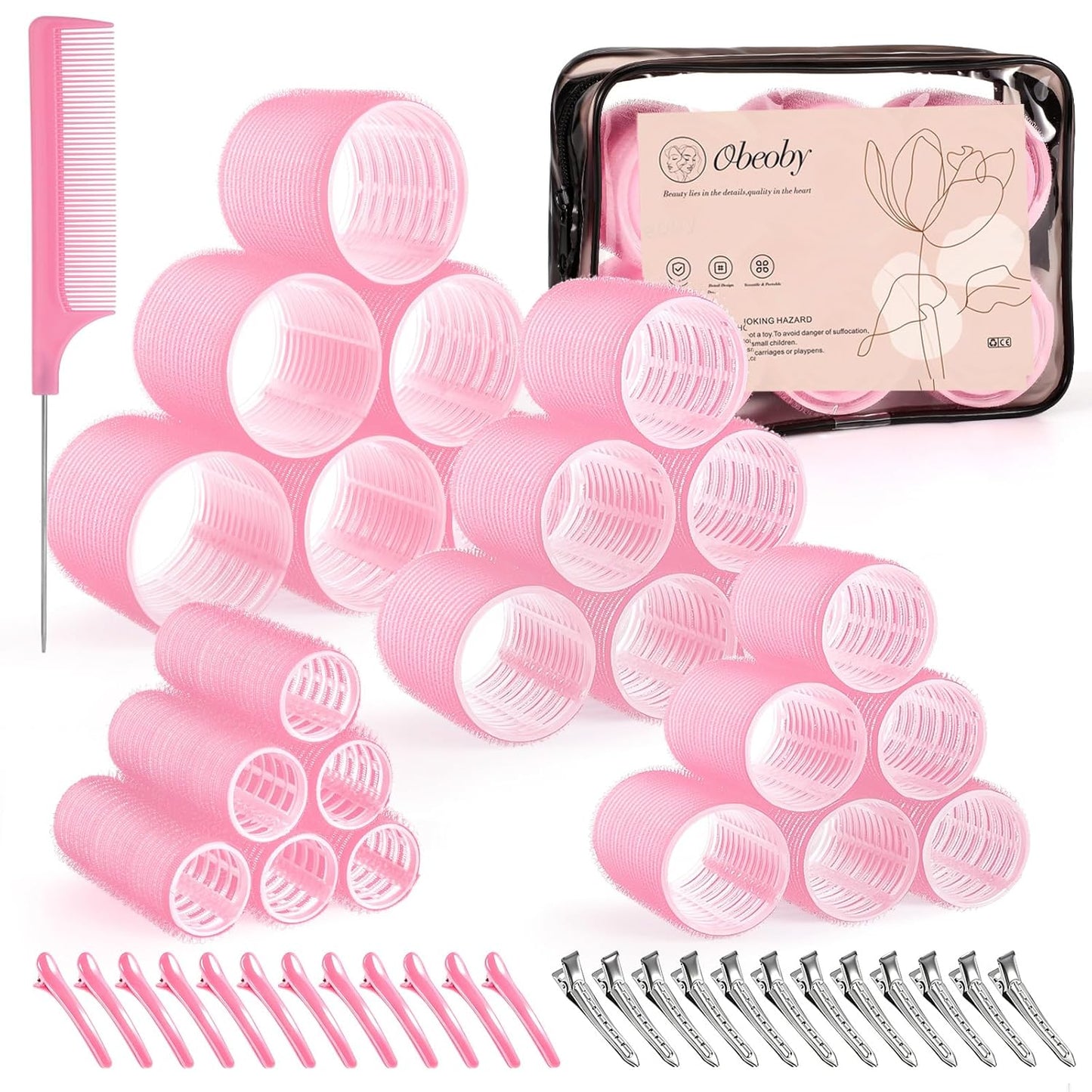 Self-Grip Hair Rollers Set - 50 Pcs Jumbo Curlers for Long & Short Hair | Includes Clips, Black (25mm-60mm)