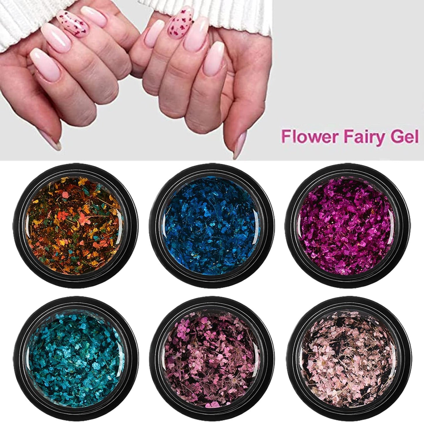 Bellecrey 6 Color/Set Dried Flowers Gel Nail Polish, Flower Fairy Gel Polish, Soak Off UV Holographic Varnish Rose Gold Pink Green Blue Purple Nail Polish Gel