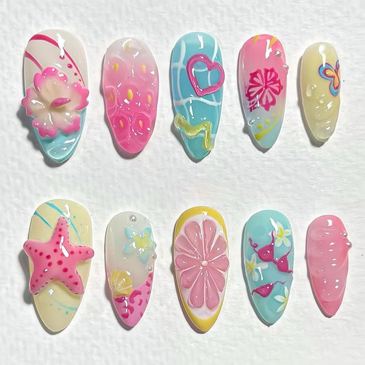 3D Handmade Press-On Nails - Summer Starfish & Flower Design | Medium Almond Full Cover Set